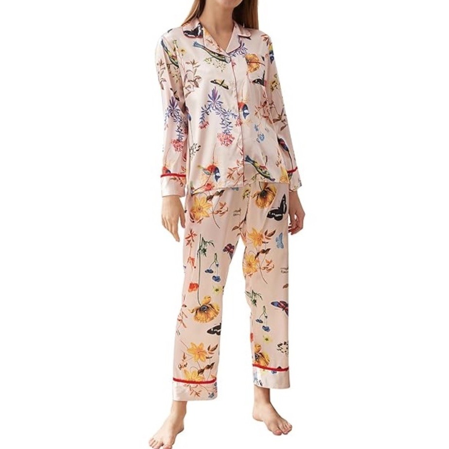 Women's Pajamas L Long Sleeve Sleepwear Button Down Pants And Top Birds Flower